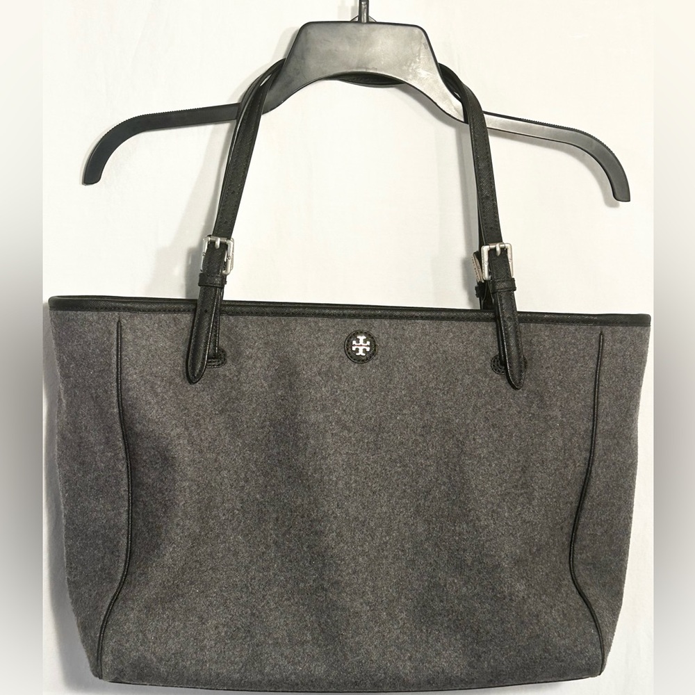 TORY BURCH GRAY WOOL & BLACK TOTE BAG PURSE SATCHEL